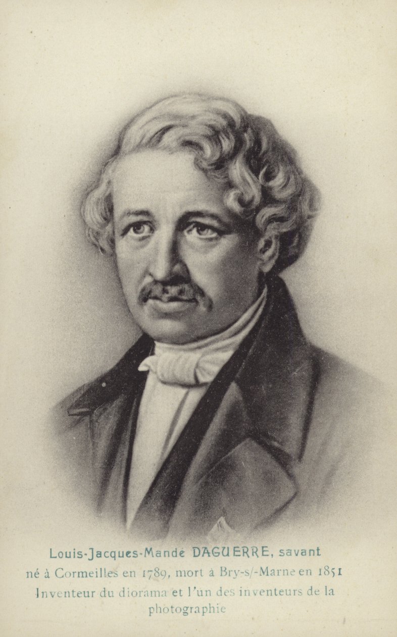 Louis Daguerre (1787-1851), ranskalainen valokuvauksen uranuurtaja (litografia). tekijältä French School