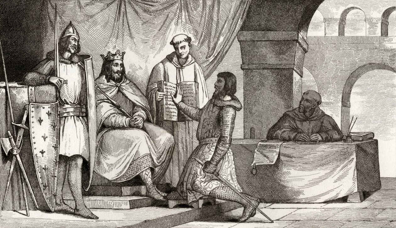 Ludvig II (848-79) Stammerer vastaanottaa uskollisuudenvalan aateliselta, Colartin "Histoire de France", julkaistu noin vuonna 1840. tekijältä French School
