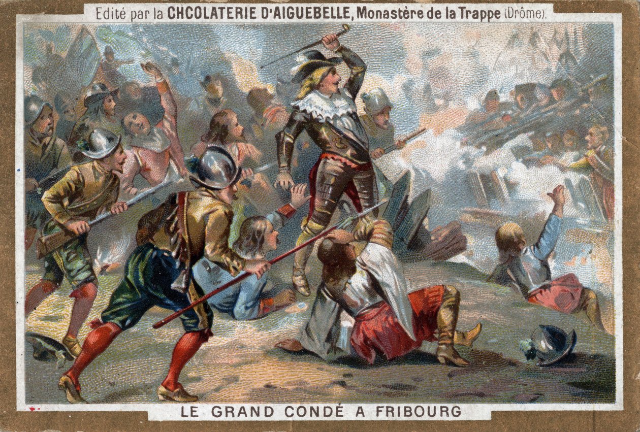 Ludvig II Bourbon, Conden prinssi (Bourbon-Conde), joka tunnetaan nimellä Le Grand Conde, Fribourgin taistelussa vuonna 1644. Kromolitografia 1800-luvulta. tekijältä French School