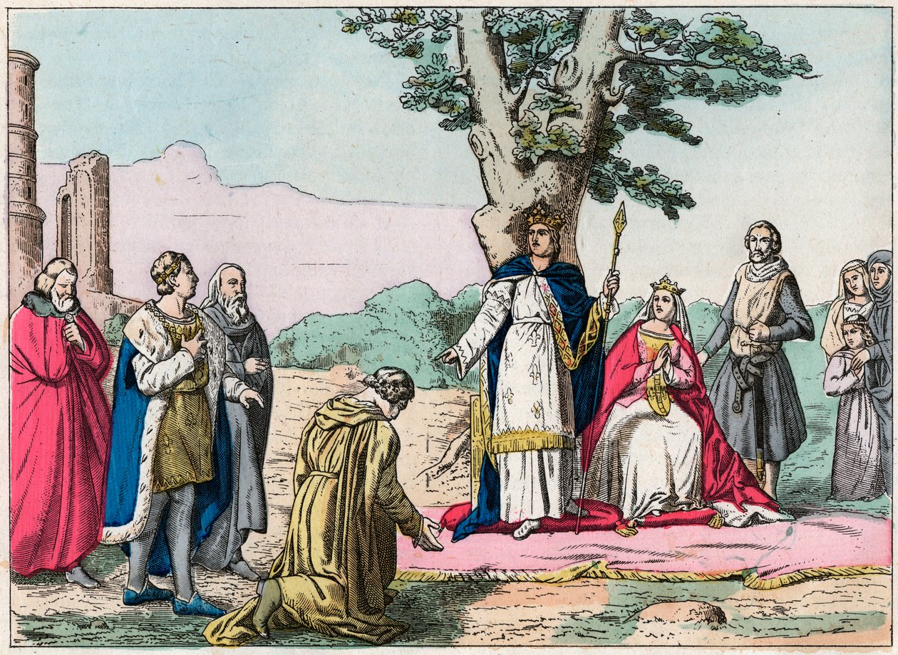 Ludvig IX, dit "Saint-Louis" (1214-1270) tekee oikeutta kaikille alamaisilleen Bois de Vincennesissä - Saint Louis (1214-1270) tekee oikeuden - Kaiverrus 1800-luvun lopusta kirjassa "Nos Gires Nationales" - Kuvat ja lausunnot"" tekijältä French School
