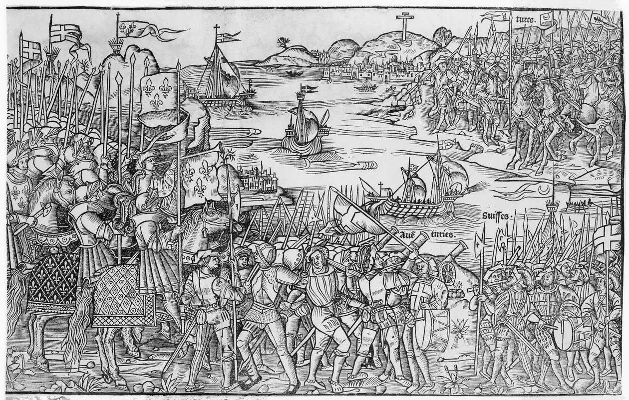 Ludvig IX Ranskan maihinnousu Damiettassa seitsemännen ristiretken aikana, "Grand Voyage de Hierusalem", julkaistu 1522 tekijältä French School
