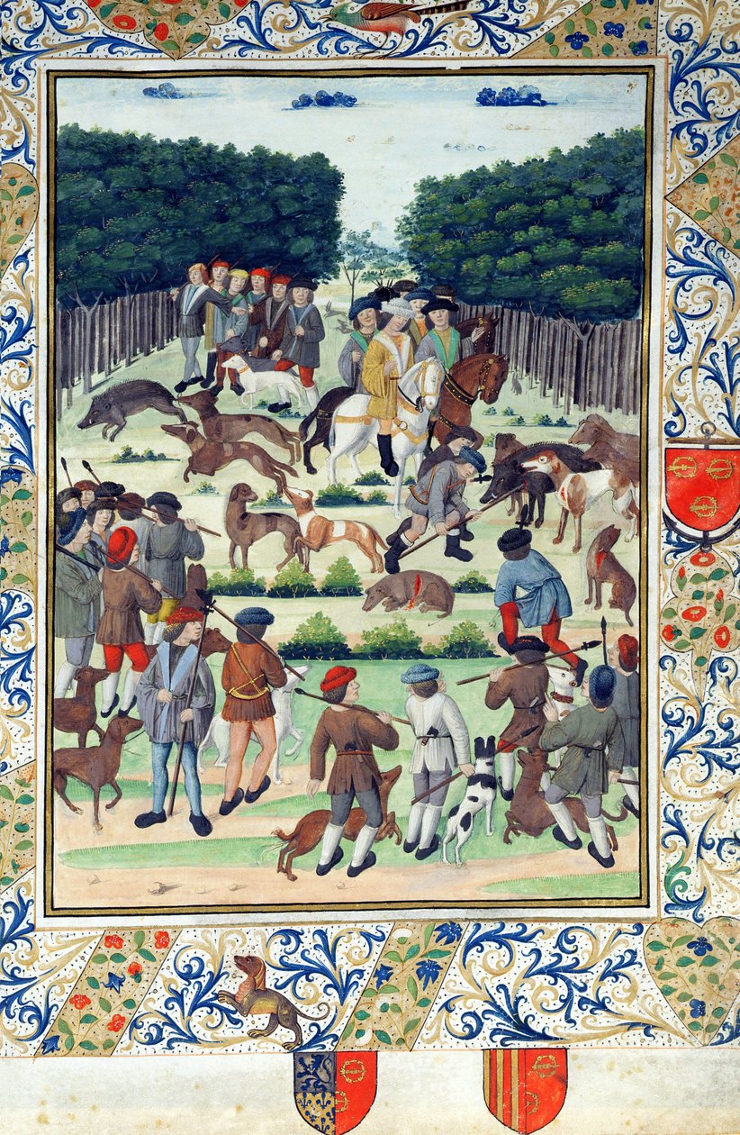 Louis Malet (1441-1516) Seigneur de Graville, metsästää villisikaa, Terrier de Marcoussisista, vuoden 1493 jälkeen tekijältä French School