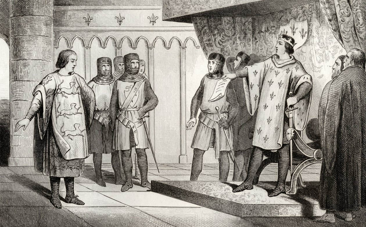 Louis VIII (1187-1226) leijona vastaanottaa lähettilään Englannin viholliselta Henrik III:lta (1207-72), Colartin "Histoire de France" -teoksesta, julkaistu noin 1840 tekijältä French School