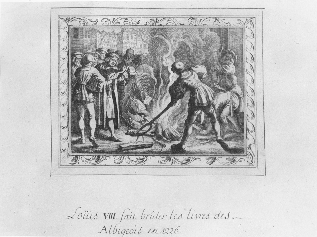 Louis VIII polttaa albigensialaisia kirjoja vuonna 1226 (kaiverrus) tekijältä French School