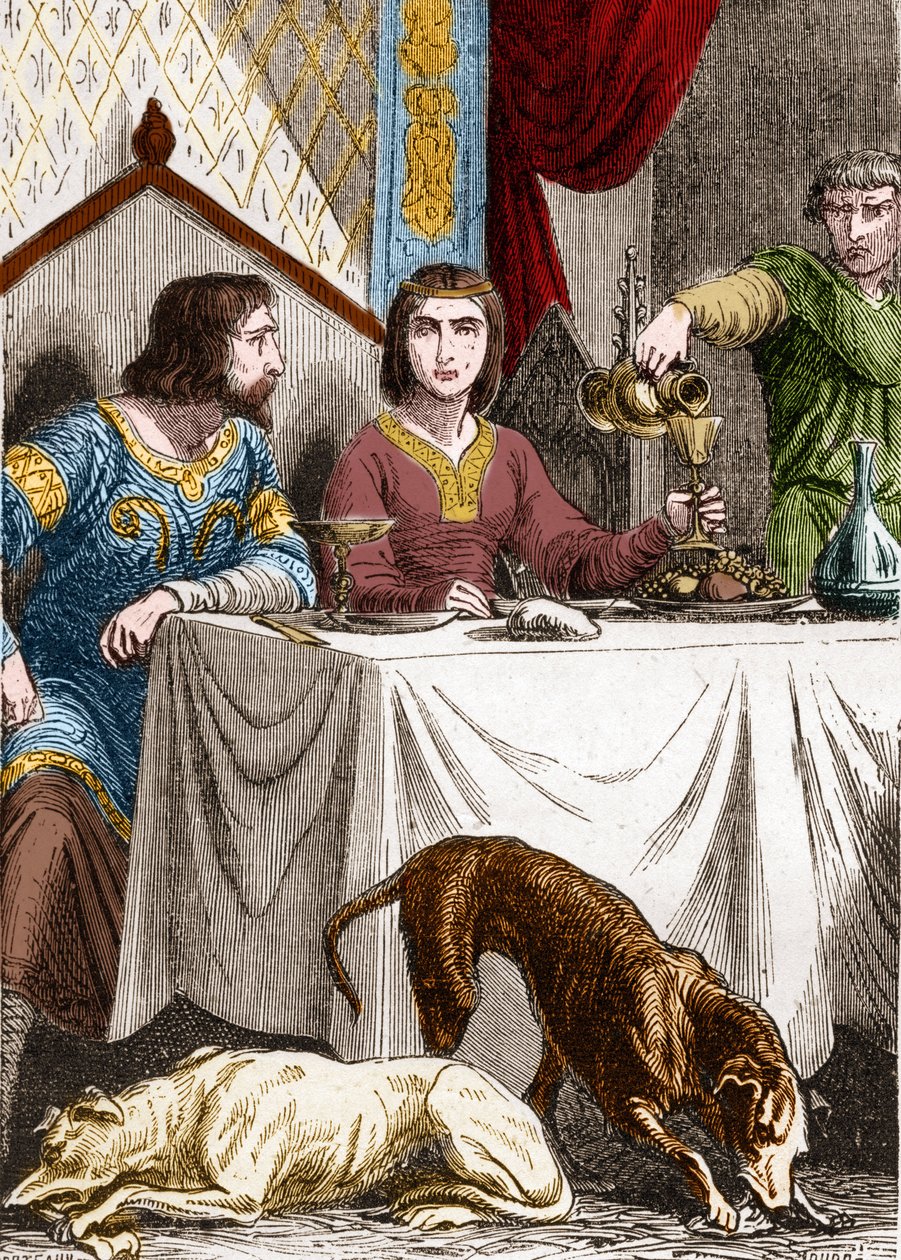 Ludvig VII Nuori tai hurskas (1120-1180) vaimonsa Akvitanian Alienorin (1122-1204) (tai Guyennen Eleonoren) kanssa. tekijältä French School