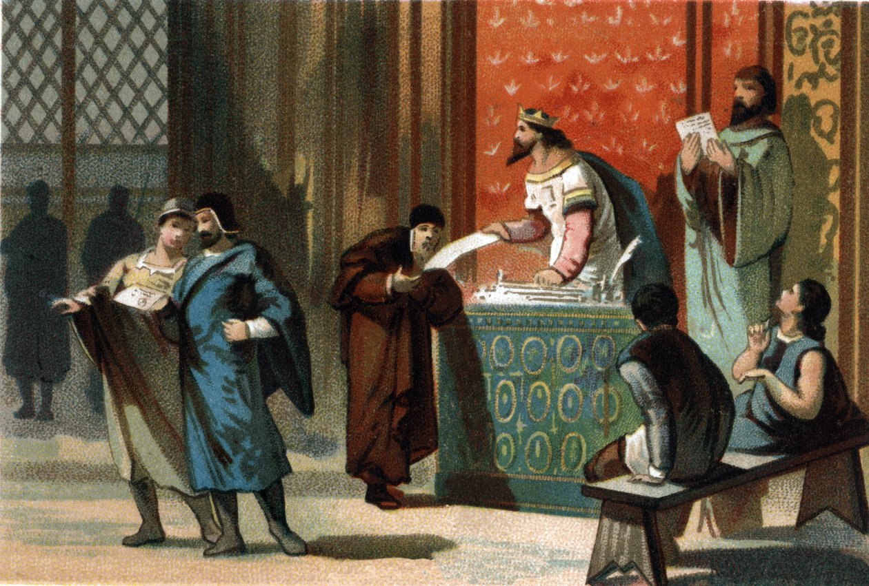 Louis VI dit Le Gros (1081-1137) antoi kuntien postimaksut. Kromolitografia noin 1890. tekijältä French School
