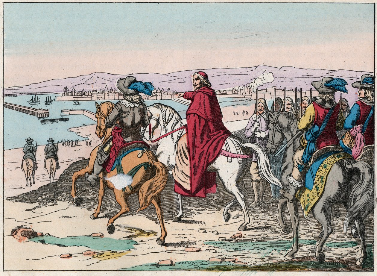 Ludvig XIII (1601-1643) ja kardinaali Richelieu La Rochellen kotipaikalla, protestanttien asettama lokakuussa 1628 - kardinaali de Richelieu ja Louis XIII (1602-43) La Rochellen piirityksessä lokakuussa 1628 - kaiverrus 1800-luvun lopulla tekijältä French School