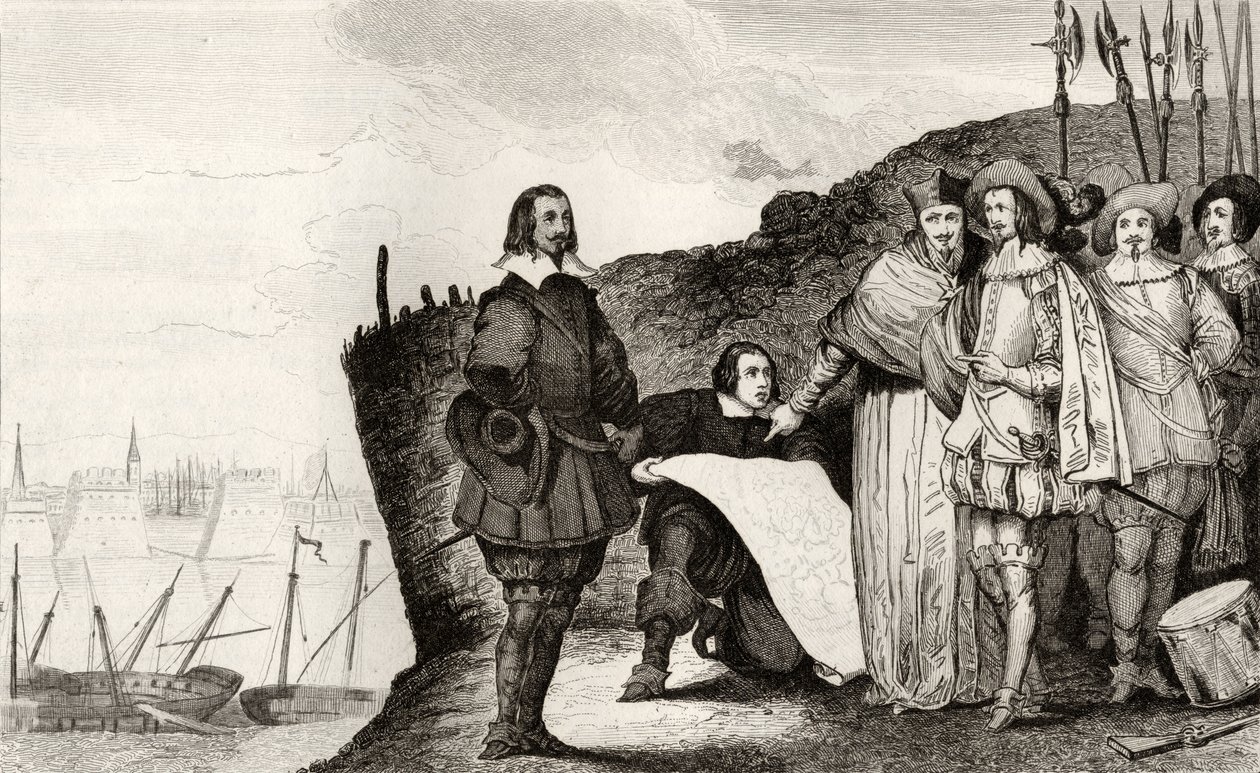 Ludvig XIII (1602-43) La Rochellen piirityksessä lokakuussa 1628 Colartin "Histoire de France" -kirjasta, julkaistu noin 1840 tekijältä French School