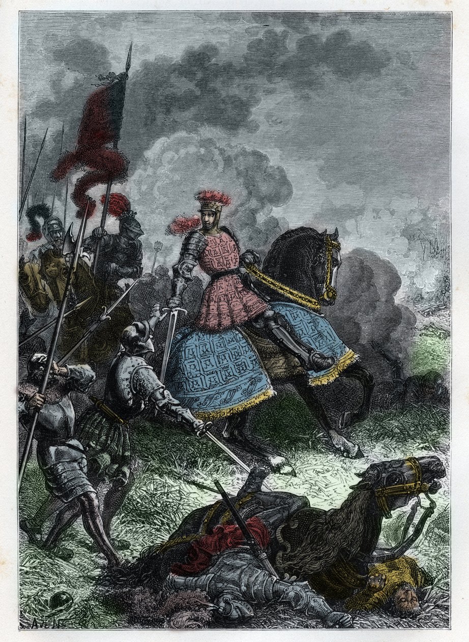 Ludvig XII Agnadelin taistelussa lähellä Cremaa Lombardiassa, jonka kuningas voitti venitialaisista 14. toukokuuta 1509 - Agnadellon taistelu - Ranskan Ludvig XII voitti venetsialaiset - kaiverrus kirjasta "" L