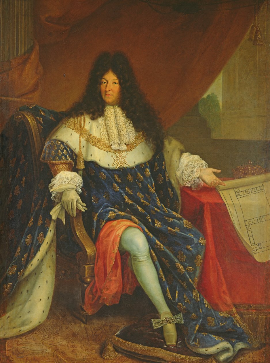 Ludvig XIV (1638-1715) pitelemässä hallussaan Maison Royale de Saint-Cyrin suunnitelmaa. tekijältä French School