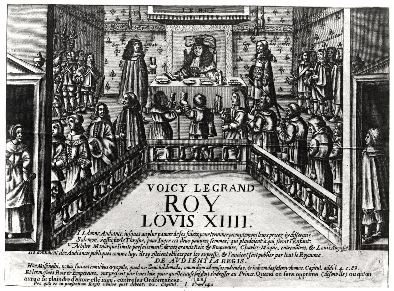 Ludvig XIV (1638-1715) jakaa oikeutta (ksylografi) (bw kuva) tekijältä French School