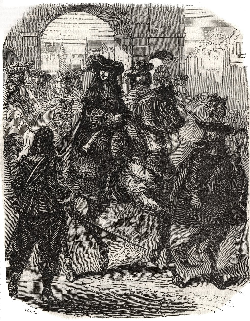 Louis XIV (1638-1715) ja hänen vaimonsa Marie Therese (Marie-Therese) Itävaltalainen (1638-1683) saapuivat Pariisiin vuonna 1660. Kaiverrus "" Histoire de France" -kirjoitukseen L.-P. Anguetil tekijältä French School