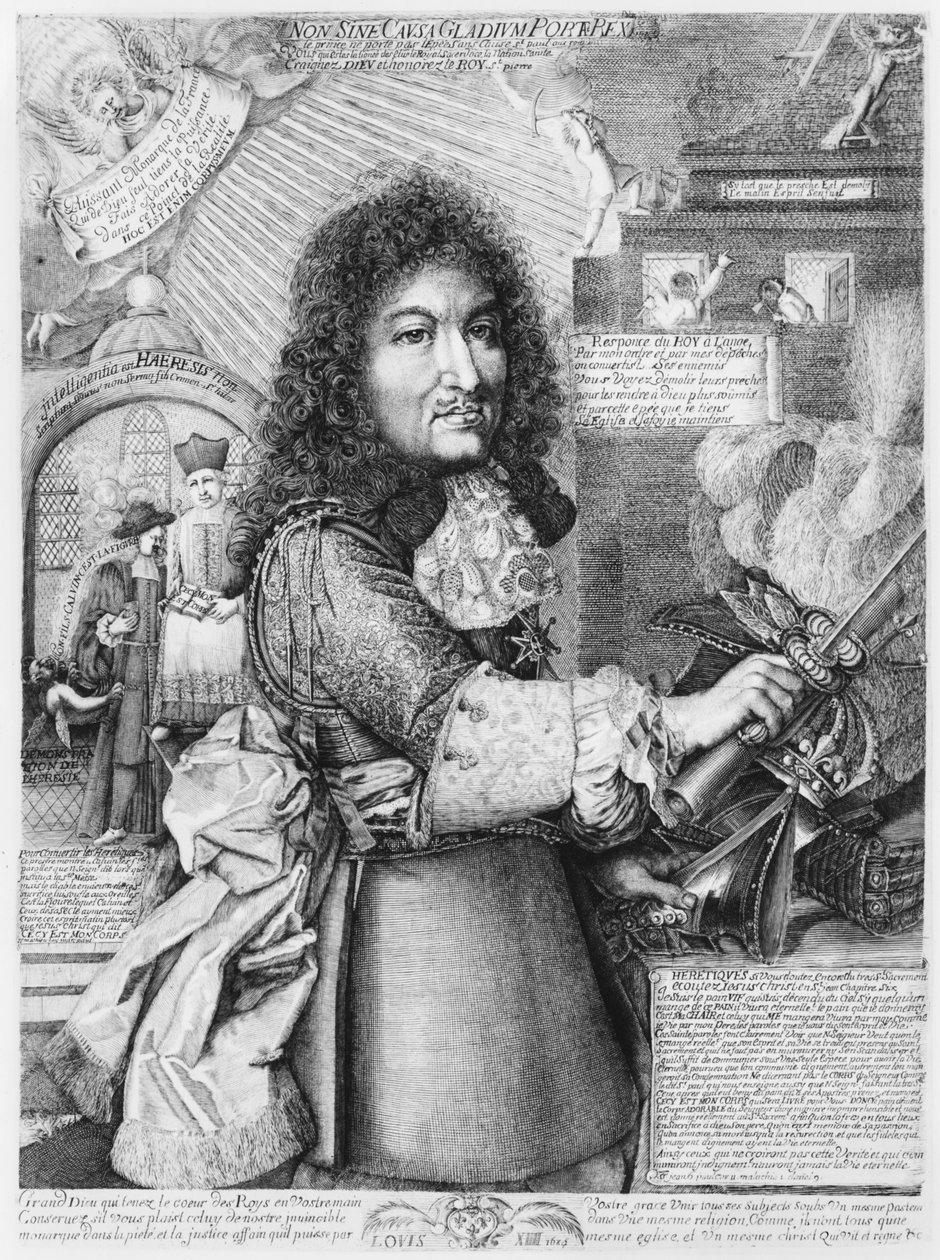 Ludvig XIV (1638-1715) murskaamassa niin sanotun protestanttisen reformoidun uskonnon miekalla, 1685 tekijältä French School