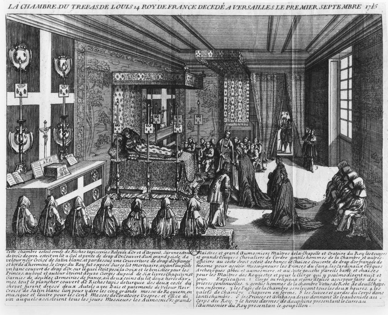 Ludvig XIV (1638-1715) kuolinvuoteellaan Versaillesissa, 1. syyskuuta 1715 tekijältä French School