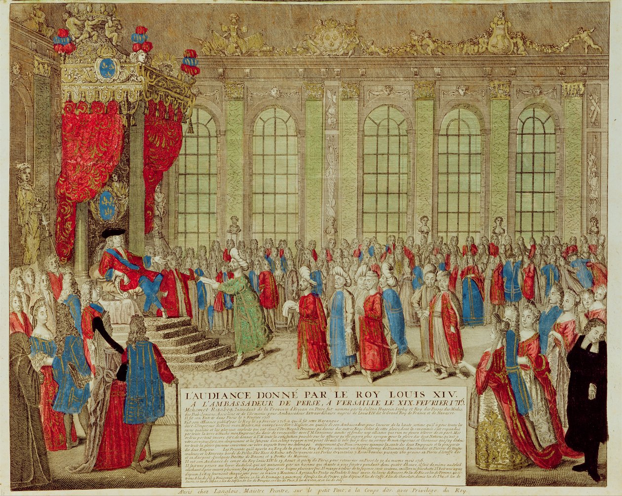 Ludvig XIV (1638-1715) vastaanottaa Persian suurlähettilään Mohammed Reza Begin Galerie des Glacesissa Versailles