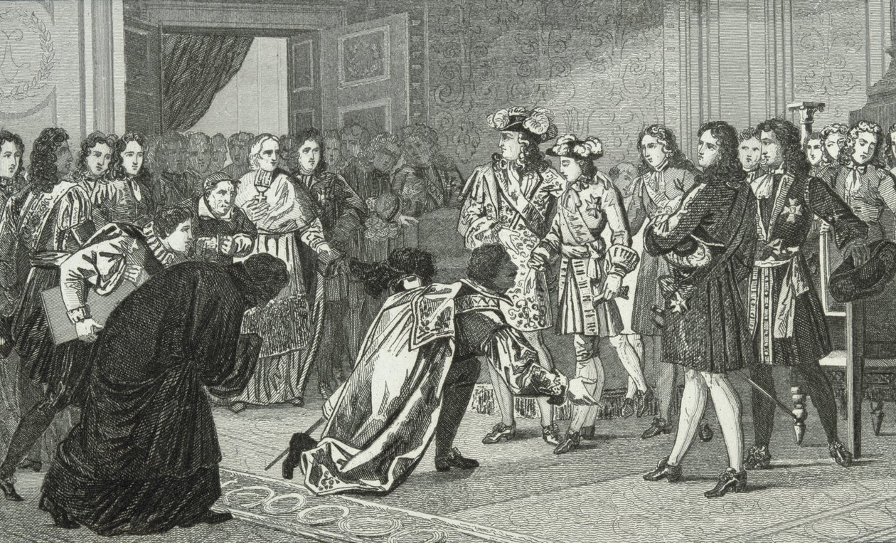 Ludvig XIV (1638-1715) aurinkokuningas esittelee pojanpoikansa Philippe V:n (1683-1746) Espanjan lähettiläille Colartin teoksesta "Histoire de France", julkaistu noin 1840. tekijältä French School