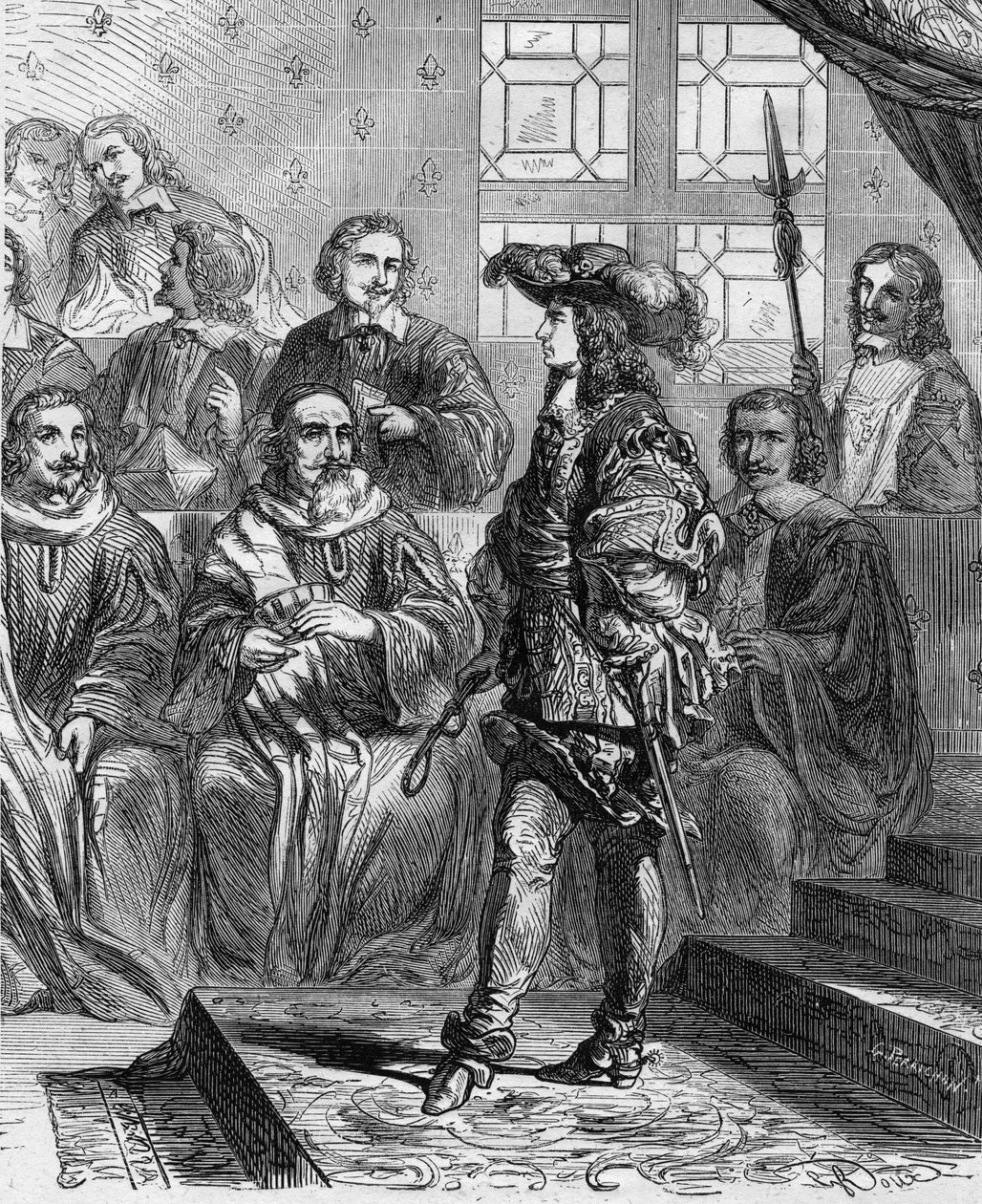 Ludvig XIV (1638 - 1715) oli 17-vuotias vuonna 1652 ennen eduskuntaa ja pakotti presidentin hajottamaan edustajakokouksen. Kaiverrus Paul Lehugeurin Histoire De France En Centin maalauksiin 1891. tekijältä French School