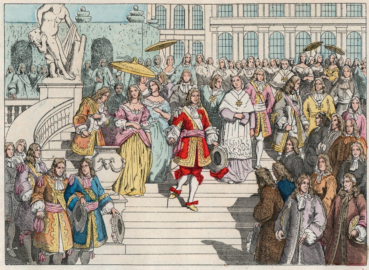 Ludvig XIV (Louis 14) ja hänen hovinsa Versaillesissa - Ranskan Ludvig XIV ja hänen hovissaan Versaillesissa - Kaiverrus 1800-luvun lopusta "" Nos Gires Nationales - Images et recits"" tekijältä French School