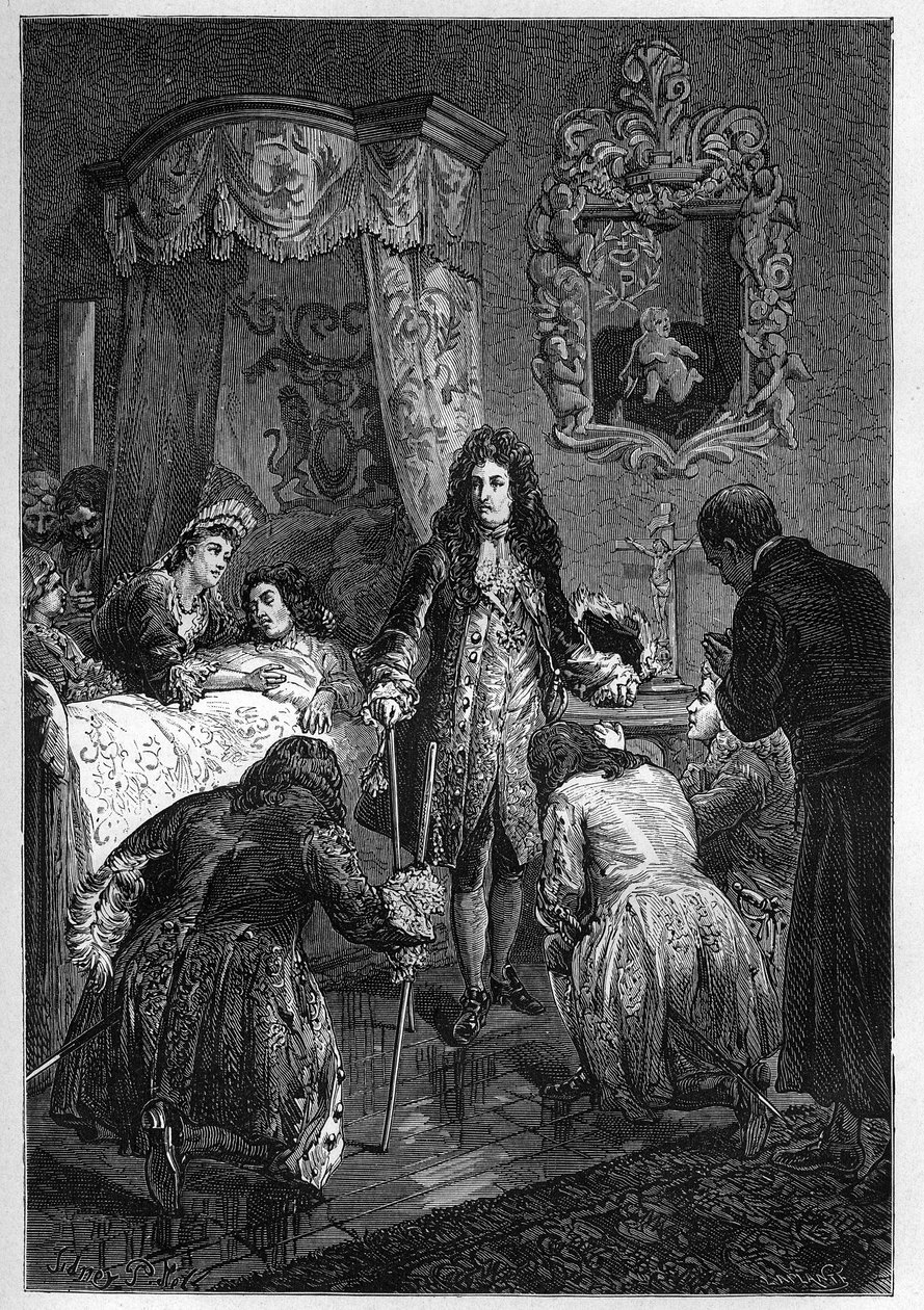Ludvig XIV vierailee Jaakob II:n luona hänen kuolinsängyssä - Ranskan kuninkaan Ludvig XIV:n vierailu Englannin Jaakob II:n (James II Stuart) (1633-1701) luokse kuolemaan - kaiverrus "Englannin historiaan kaukaisimmilta ajoilta" Francois Guizot 1877 tekijältä French School