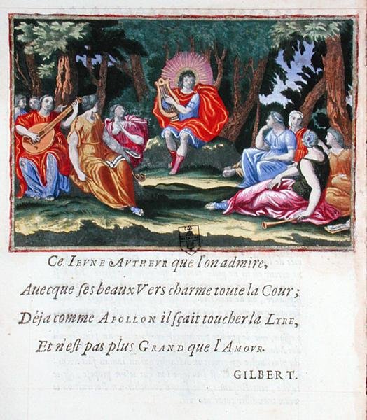 Ludvig XIV Apollona yhdeksän muusan kanssa, Francois de Beauchateaun (s.1645) runokokoelmasta "La Lyre du jeune Apollon ou La Muse naissante" tekijältä French School