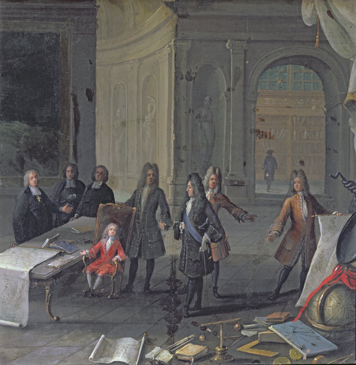 Ludvig XIV osallistui pojanpoikansa, tulevan Ludvig XV:n, oppitunnille, n. 1715 tekijältä French School