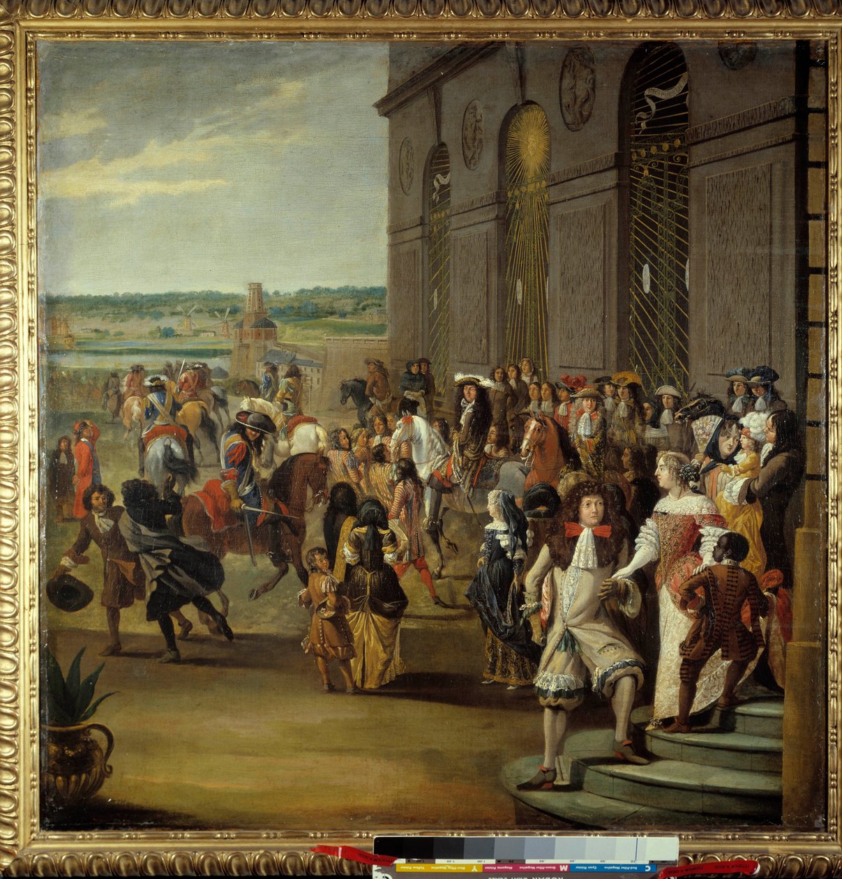 Ludvig XIV, jonka jälkeen Grand Dauphin ratsastaa Thetisin (Thetys) luolan edessä Versaillesissa Kuningas Ludvig XIV (1638-1715) ja hänen poikansa Louis Ranskalainen nimeltään Grand Dauphin (1661-1711) Thetisin luolan edessä (Thetys) hovimiesten ympäröimän tekijältä French School