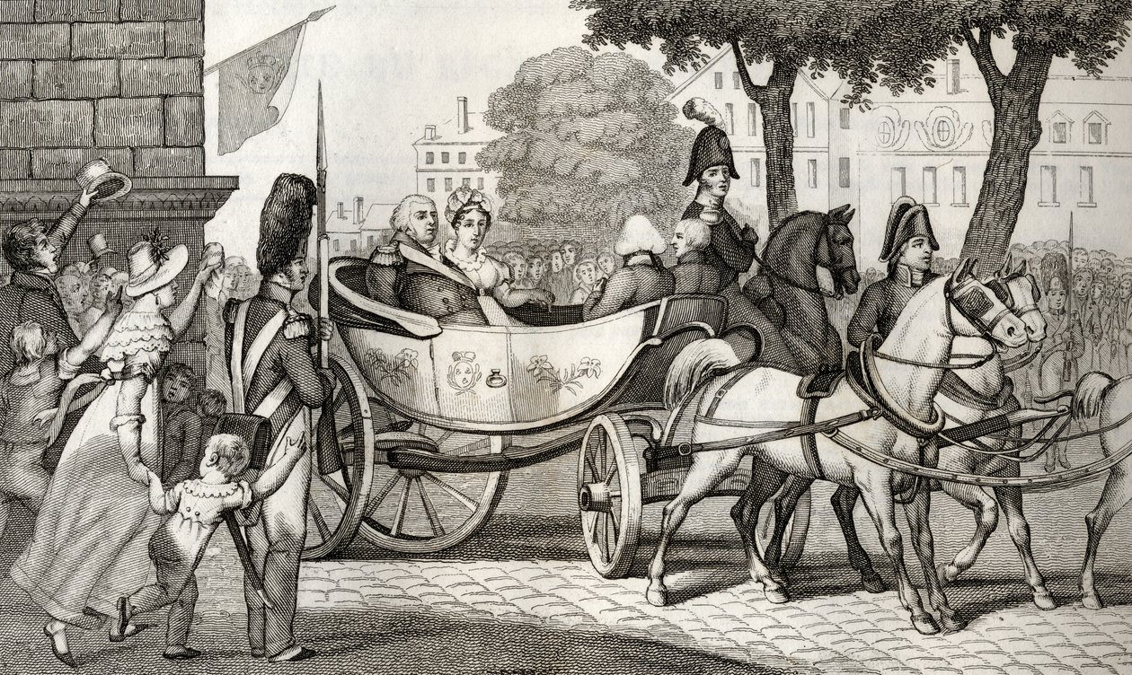 Ludvig XVIII (1755-1824) saapuu Pariisiin vuoden 1814 restauroinnin yhteydessä Colartin "Histoire de France" -teoksesta, julkaistu n. 1840 tekijältä French School