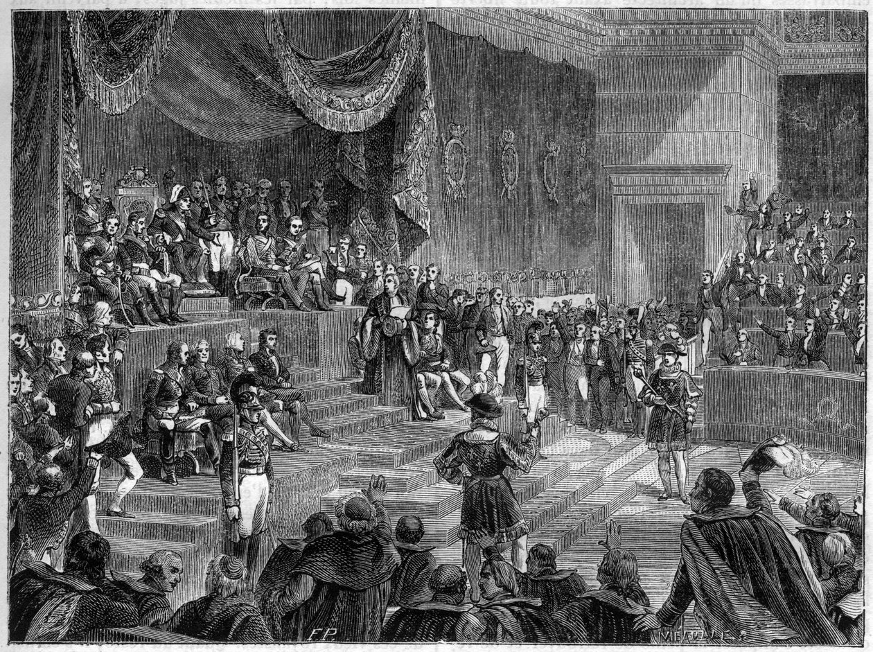 Ludvig XVIII ja perustuslaillisen monarkian perustaminen - Perustuslaillinen peruskirja 4. kesäkuuta 1814 - Ludvig XVIII johtaa jaostojen istunnon avajaisia 4. kesäkuuta 1814 Palais Bourbonissa Pariisissa - "Histoire de l