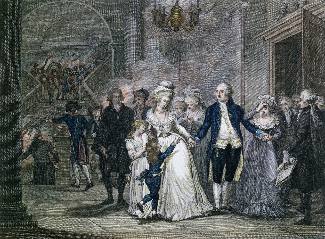 Ludvig XVI (1754-93) jäähyväiset perheelleen, 20. tammikuuta 1793, kaiverrus Reinier Vinkeles (1741-1816) ja Daniel Vrydag (1765-1822) tekijältä French School