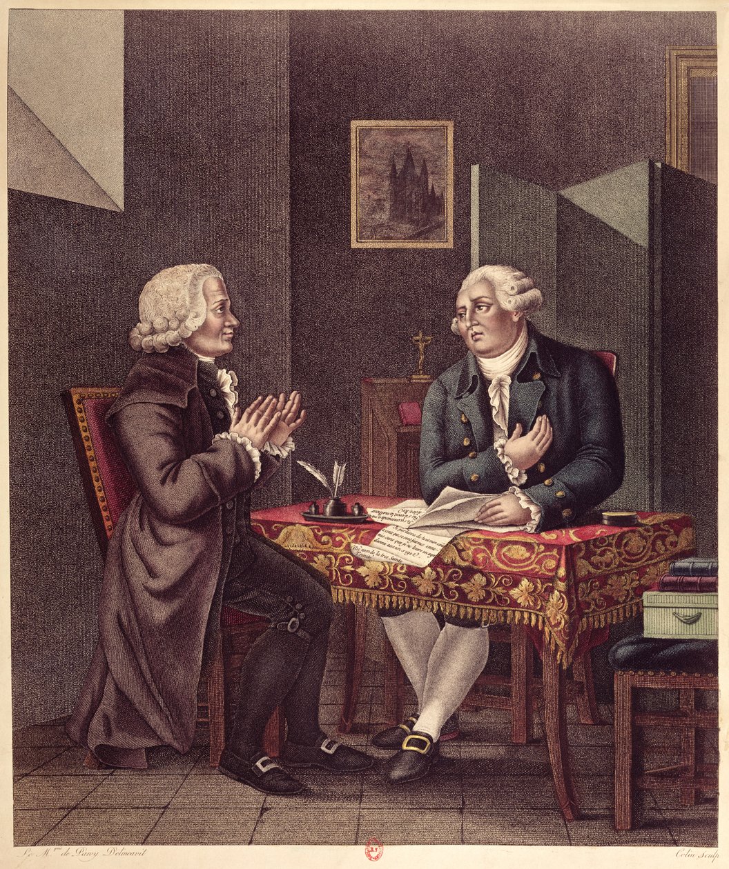 Ludvig XVI (1754-93) Lukemassa viimeistä testamenttiaan Guillaume de Lamoignon de Malesherbesille (1721-94) temppelissä, 25. joulukuuta 1793 tekijältä French School
