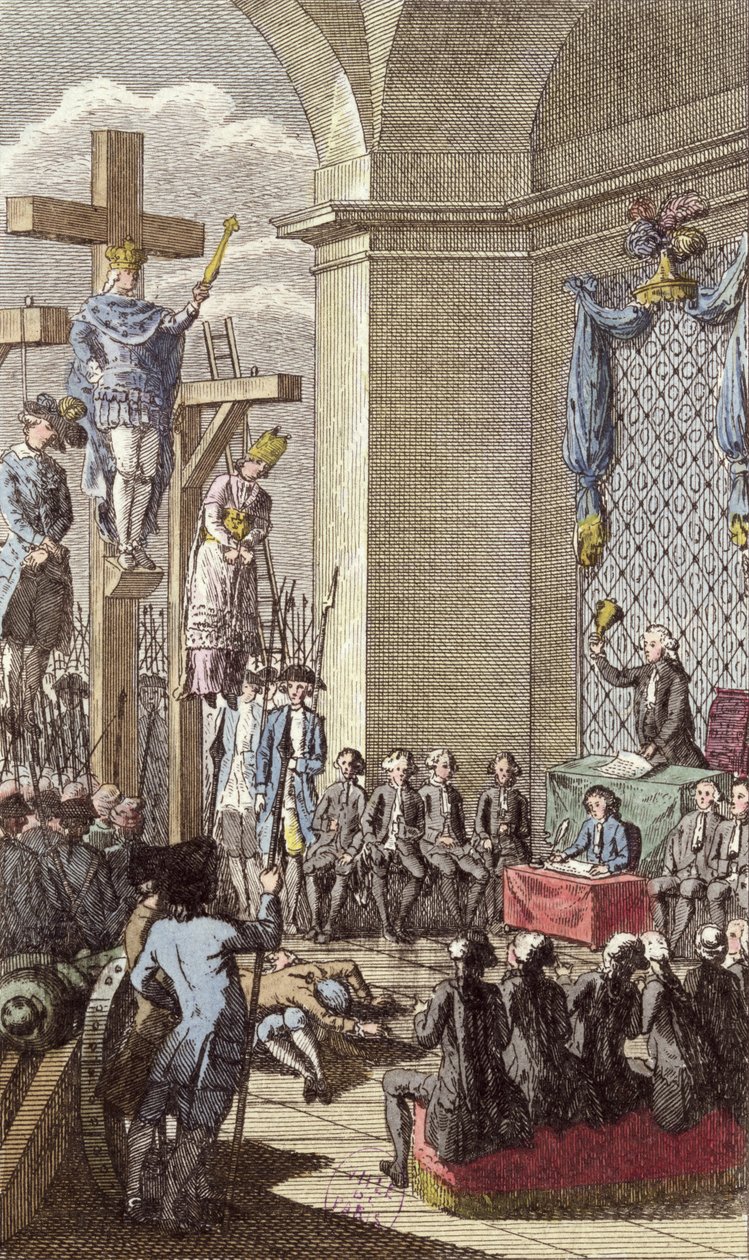Ludvig XVI (1754-93) oikeudenkäynnissä, ristiinnaulittu aateliston ja papiston väliin, n. 1792 tekijältä French School
