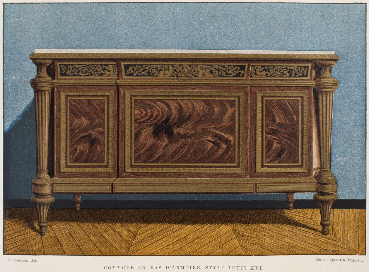 Ludvig XVI lipasto vaatekaapin pohjana, kuvitus Henry Havardin Dictionnaire de lameublement et de la decoration, osa 1, levy 54, Paris, Maison Quantin, 1878 tekijältä French School