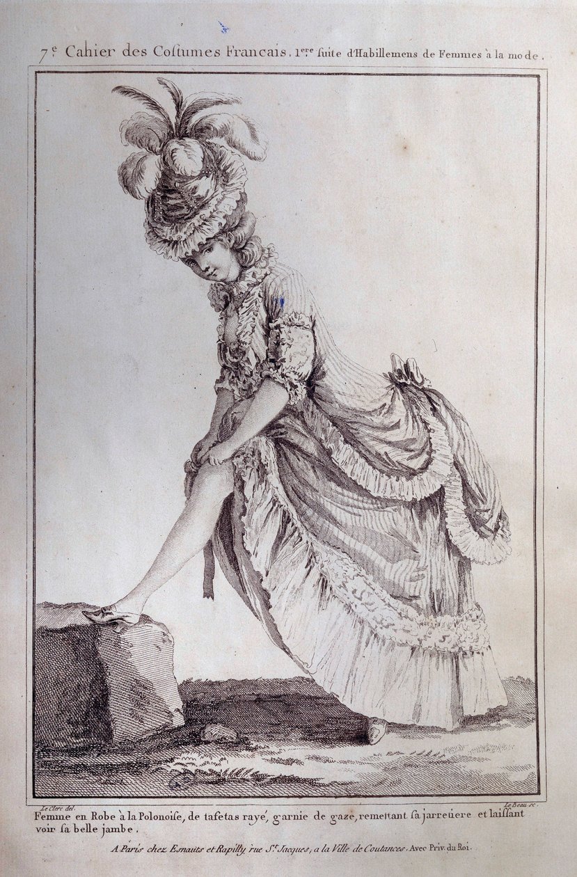 Ludvig XVI:n muoti: nuoren naisen jalkamuotokuva puolalaisessa taft-mekossa. Kaiverrus vuodelta 1778. Pariisi, koristetaide tekijältä French School