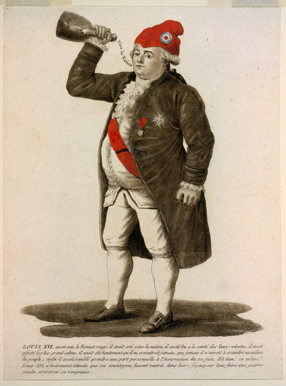Ludvig XVI pukeutunut punaiseen lippaan ja huutaa "Eläköön kansakunta", pubi 1792 (käsinvärinen etsaus) tekijältä French School