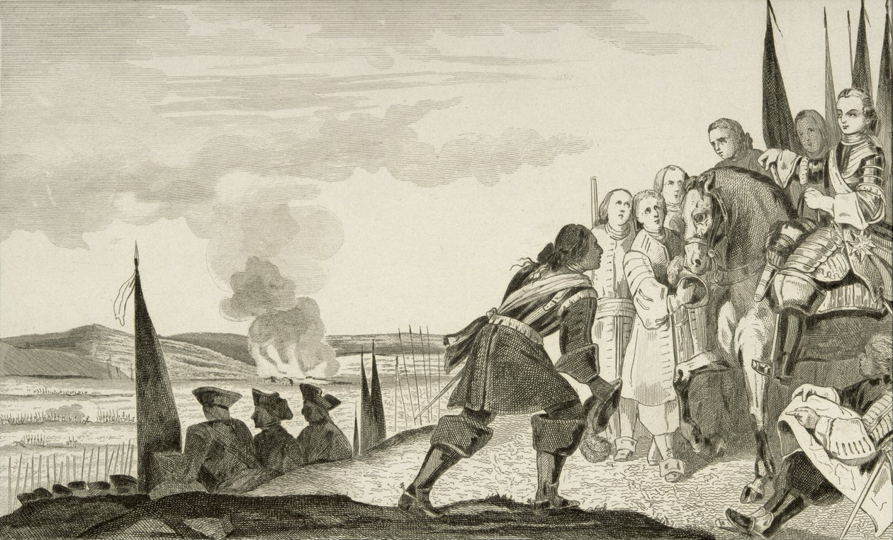 Ludvig XV (1710-74) Fontenoin taistelussa vuonna 1745 Colartin teoksesta "Histoire de France", julkaistu n. 1840 (kaiverrus) tekijältä French School