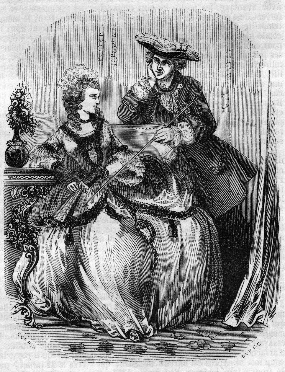 Ludvig XV ja rouva de Pompadour, Jeanne Antoinette Poisson (1721-1764) (Marquise de Pompadour) - teoksessa "Histoire de France" L.-P. Anquetil tekijältä French School