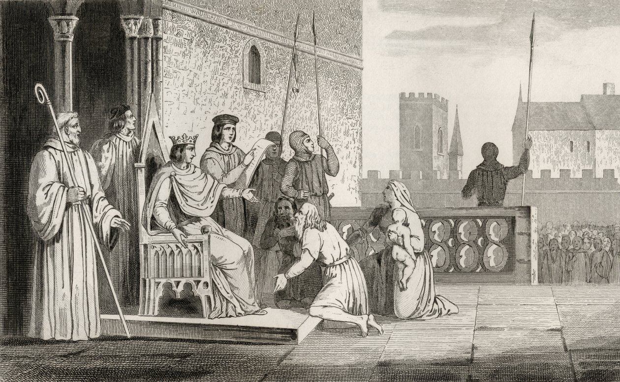 Ludvig X (1289-1316) ilkikurinen vapauttaa maaorjat Colartin teoksesta "Histoire de France", julkaistu noin 1840 tekijältä French School