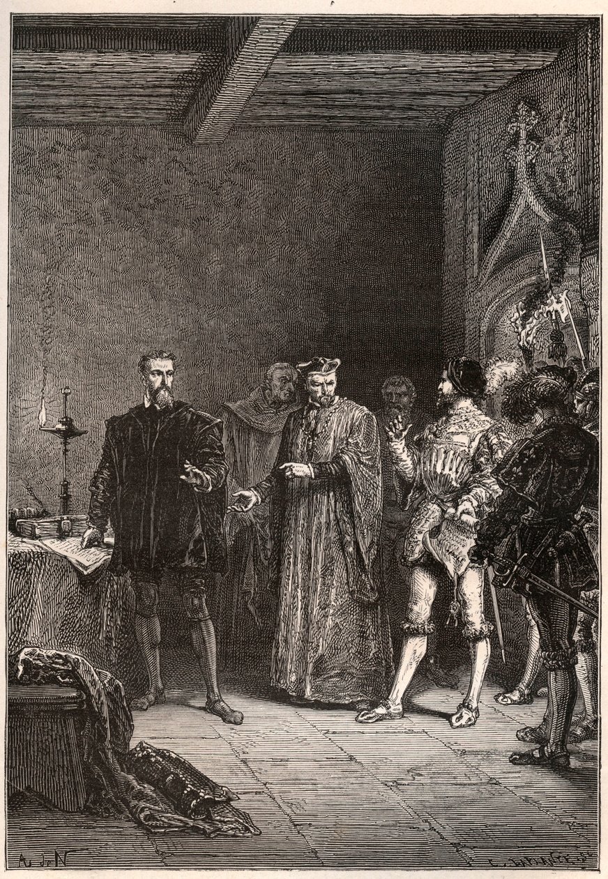 Louis de Berquin (1485-1529), ritari ja humanisti, uskonnollinen uudistaja, Jean de la Barren (1523-1533) vapauttama prevot de Paris - Louis de Berquin (vasemmalla) vapautettiin vankilasta John de la Barren toimesta - kaiverrus kirjasta "" Ranskan historia tekijältä French School