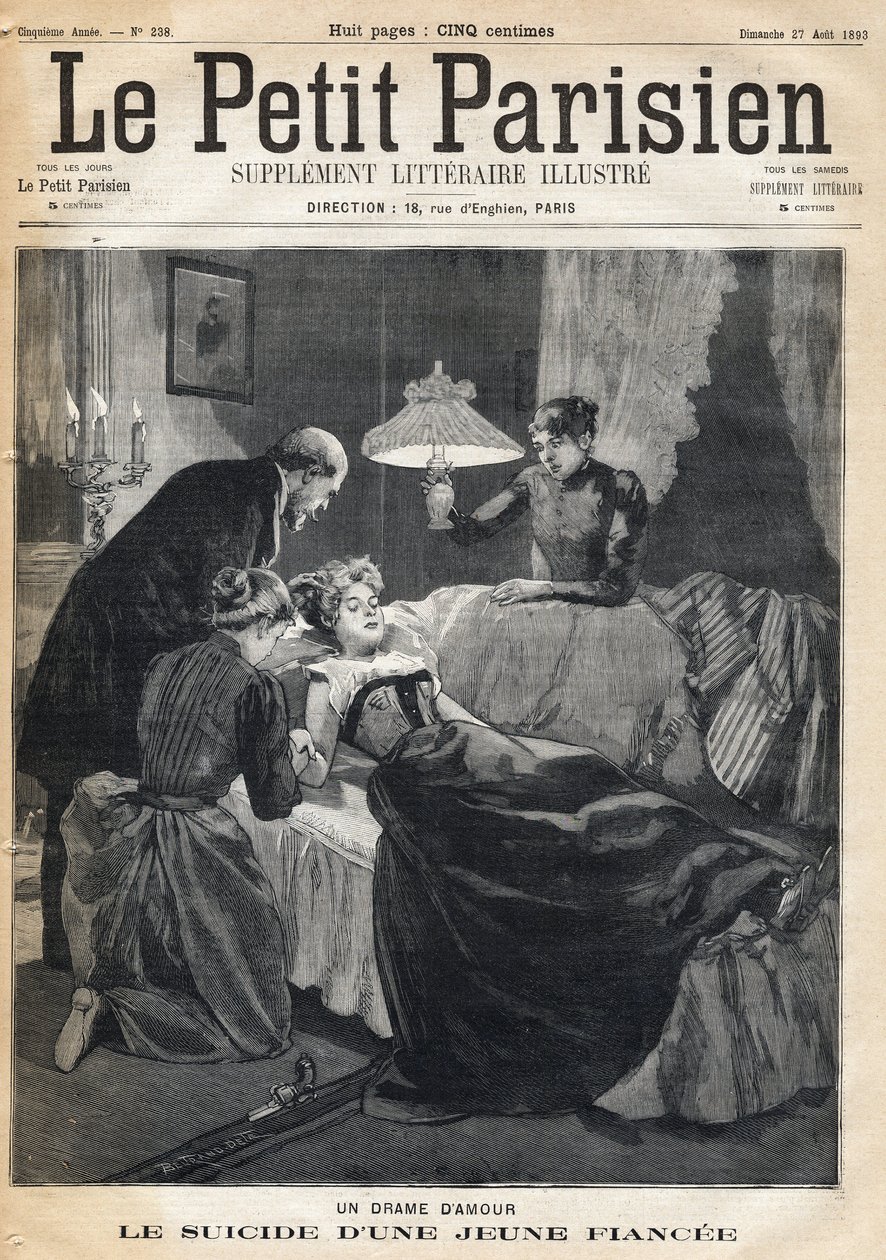 Rakkausdraama: 17-vuotiaan morsian itsemurha miehensä kuoleman jälkeen. Yksi sanomalehdestä "Le petit Parisien" 27.8.1893 (kaiverrus) tekijältä French School