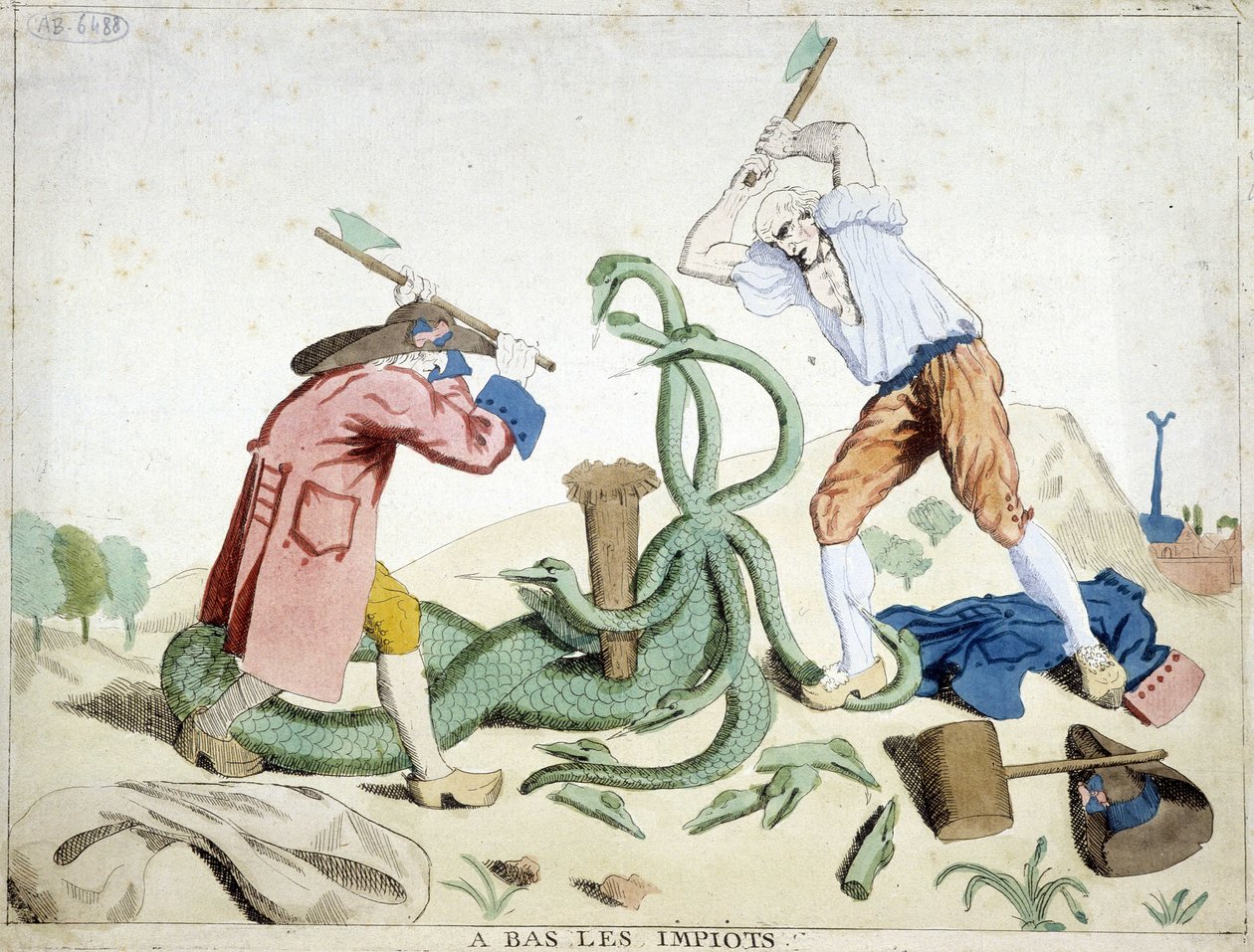 Matalat verot: Kolmas valtio kukistaa veron - "Hydra de lerne" - vallankumouksellinen sarjakuva, noin 1789 tekijältä French School