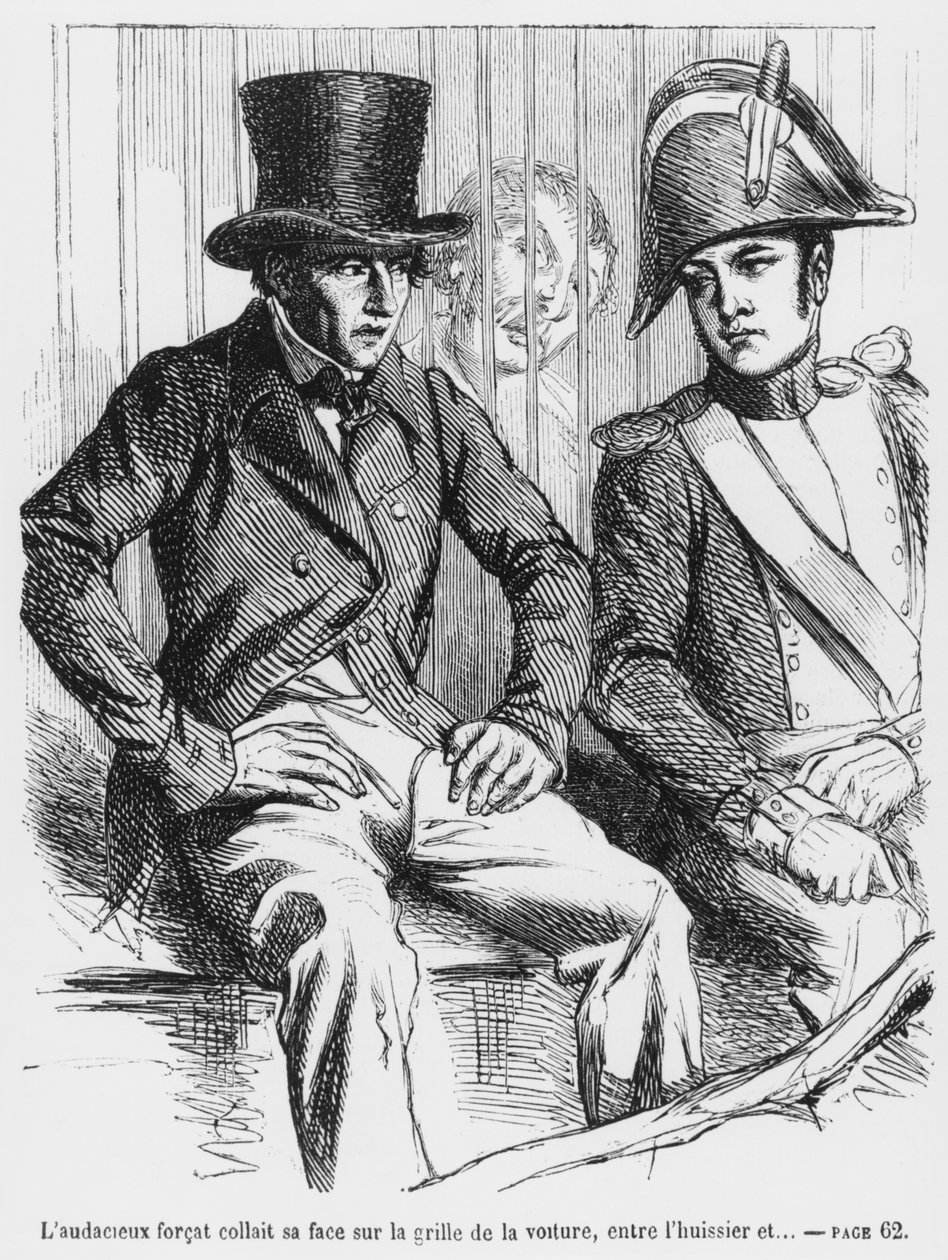 Lucien de Rubempre ja Vautrin pidätettiin, Honore de Balzacin kuva Splendeurs et Miseres des Courtisanesista, julkaistu 1867 tekijältä French School