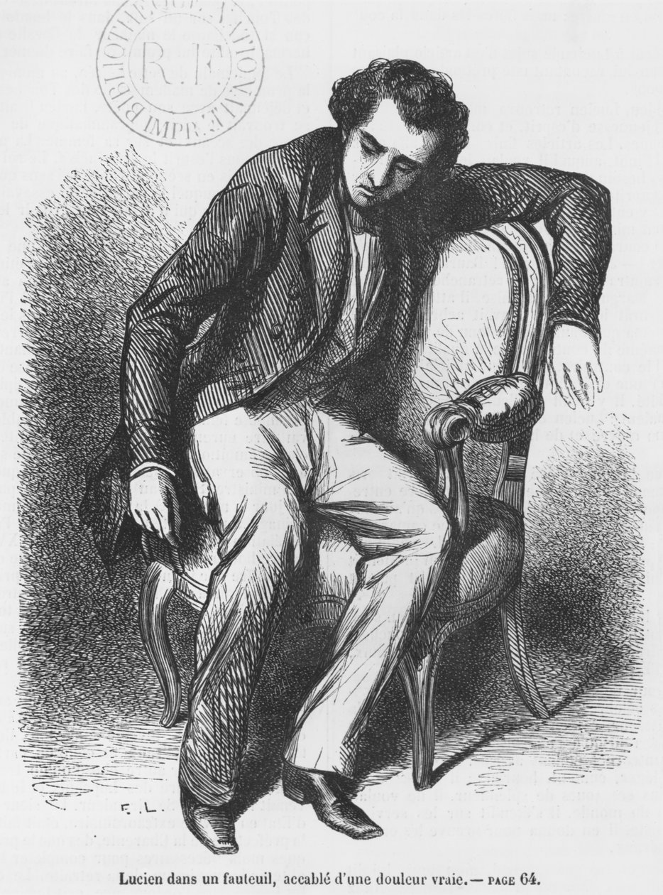 Lucien de Rubempre murheen vallassa, kuvitus Honore de Balzacin teoksesta "Les Illusions perdues" tekijältä French School