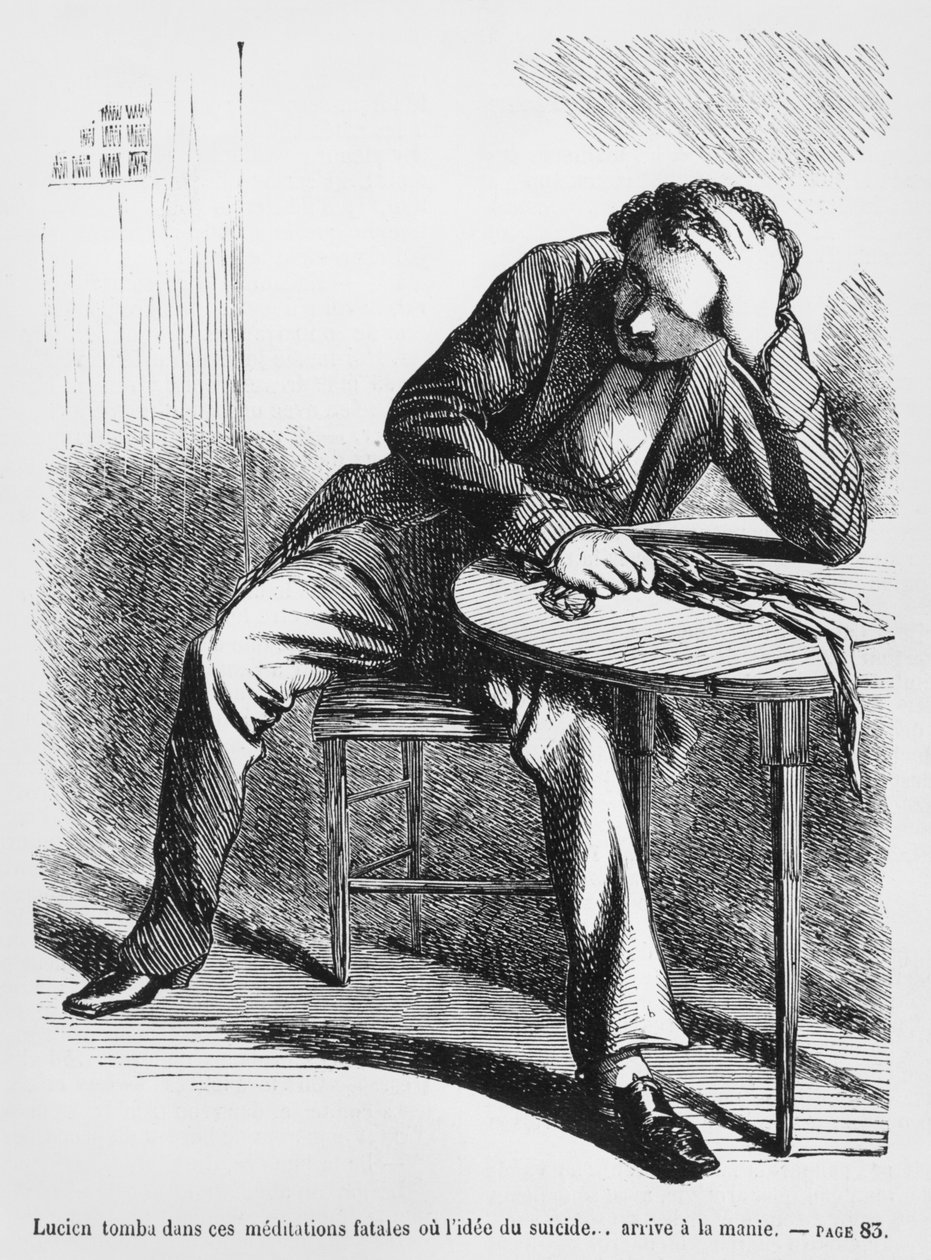 Lucien de Rubempre ajattelee itsemurhaa, Honore de Balzacin kuva Splendeurs et Miseres des Courtisanesista, julkaistu 1867 tekijältä French School