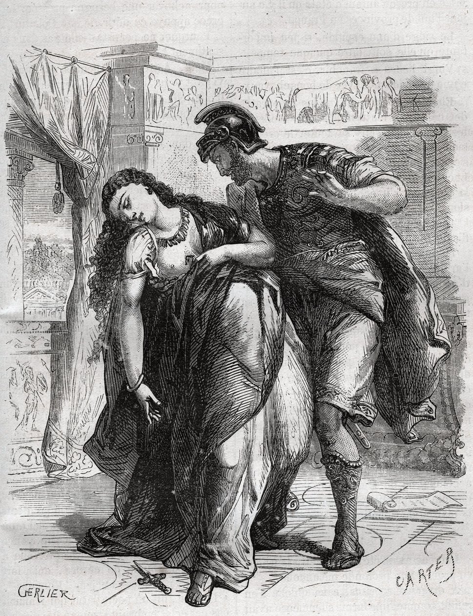Lucrecen kuolema: Lucrece (Lucrezia, Lucretia, roomalainen nainen 6. vuosisadalla eKr.) joutui serkkunsa Sextus Tarquinin, Tarquin Superbin pojan, väkivallan uhriksi. Hän teki itsemurhan aviomiehensä Lucius Tarquinius Collatinuksen, joka tunnetaan nimellä  tekijältä French School
