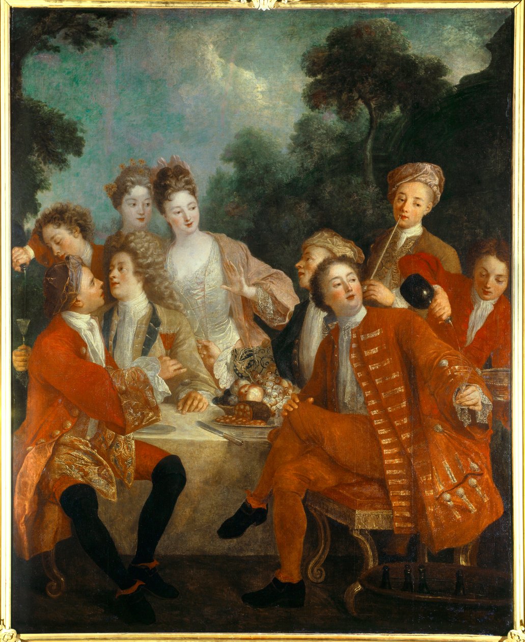 Lounas Parc Des Noblesissa maalaisjuhlissa. 1700-luvun ranskalaisen koulukunnan maalaus. Orleansin taidemuseo tekijältä French School