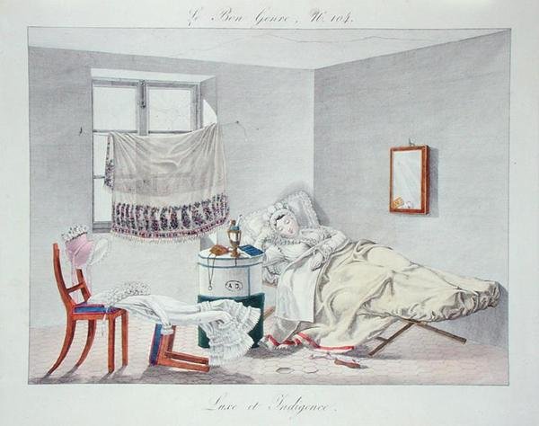 Ylellisyys ja köyhyys, levy 104 Le Bon Genrestä, 1800-luvun alku (värillinen kaiverrus) tekijältä French School