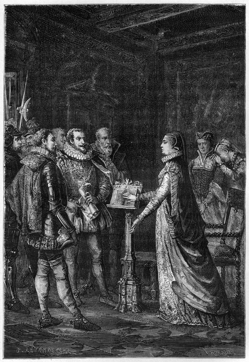 MARY STUART (1542-1587) Skotlannin kuningatar. Mary Stuart vannoo, ettei hän ole koskaan suunnitellut Englannin kuningatar Elisabet I:n henkeä – kaiverrus Francois Guizotin vuodelta 1877 "L