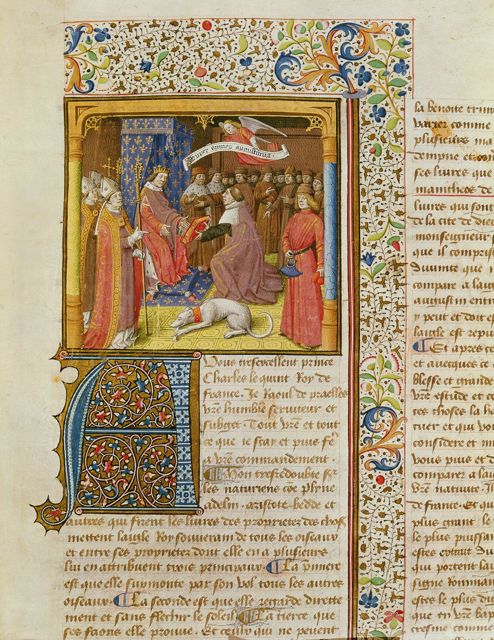 MS 246 f.1r Raoul de Presles esittelee käännöstään Charles V:lle (1338-80) St. Augustinuksen La Cite de Dieusta, kääntänyt Raoul de Presles (1316-82) n. 1400-50 tekijältä French School