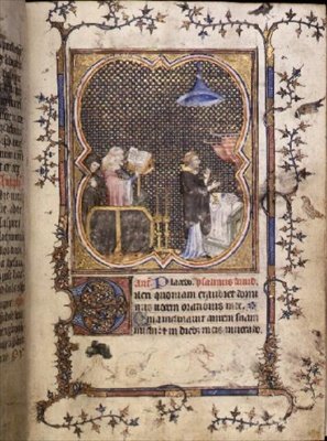 MS 3-1954 f.37r Hautajaiset kirkossa, latinaksi ja ranskaksi, "Hours of Philip the Bold, Duke of Burgundy", n. 1370 (vellum) tekijältä French School