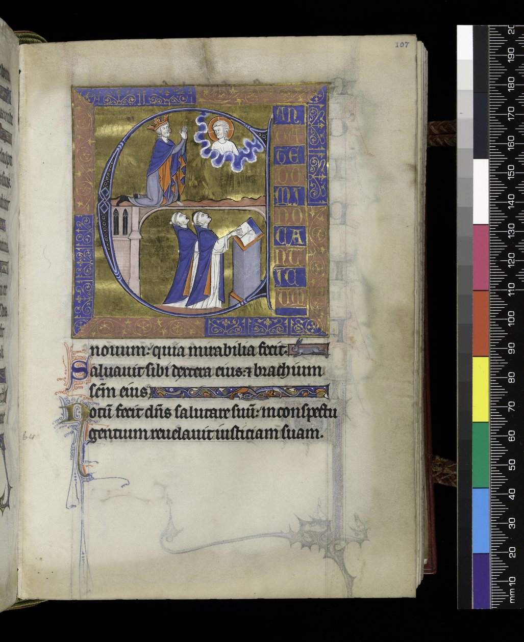 MS 300 f.107r, Daavid rukoilee Jumalaa (ylhäällä), kaksi pappia (alla), Psalter and Hours of Isabella of France, Paris, n. 1265-1270 (kynä & muste ja tempera pergamentilla) tekijältä French School